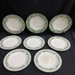 Bundle of 5 Josiah Wedgwood & Sons Ltd. Mayfair White and Green Floral Themed Ceramic Dinner Plates w/3 Matching Deep Dish Plates