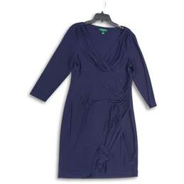Ralph Lauren Womens Navy Blue Surplice Neck Long Sleeve Shift Dress Size 16