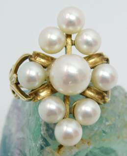 Vintage 14K Yellow Gold Pearl Cluster Scroll Ring 7.1g