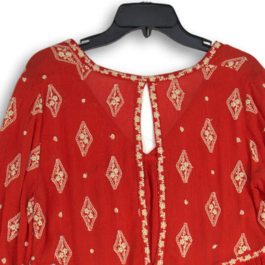 Womens Red Embroidered Oversized Boho Crepe Open Back Tunic Top Size S image number 4