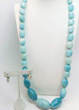 Artisan 925 Blue Amazonite Graduated Beaded Statement Necklace & Etched Filigree Puffed Hoop Earrings 285g