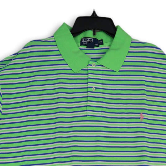 Mens Green Blue Striped Short Sleeve Spread Collar Polo Shirt Size 4XB image number 3