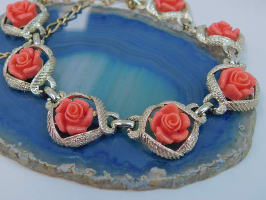 Vintage & Sarah Coventry Goldtone Pink Rose Flowers Linked Collar Necklace Teardrop Clip On Earrings & Blue Enamel Leaf Brooch 65.8g image number 2