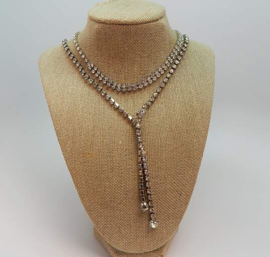 Vintage Silvertone Icy Clear Rhinestones Long Lariat & Choker Necklaces Wide Chain & Stretch Bracelets & Open Circle Brooch 104.4g image number 3