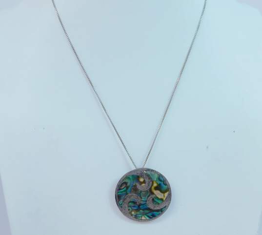 Vintage Taxco & Mexico 925 Abalone Shell Inlay Swirl Disc Pendant Brooch Necklace & Peace Sign Doves Band Ring 8.8g image number 2