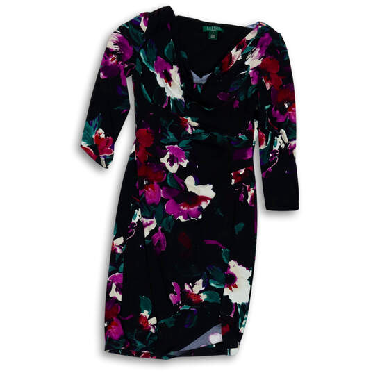 Womens Black Floral Cowl Neck 3/4 Sleeve Knee Length Sheath Dress Size 2 image number 4