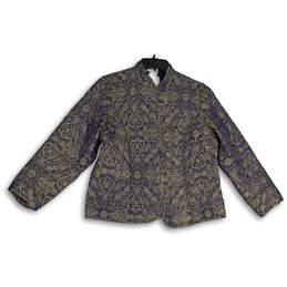 Chico's Womens Blue Gold Damask Collared Reversible Open Front Jacket Size 12/14