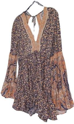 Free People Womens Brown Floral V Neck Bell Sleeve One Piece Romper Size S