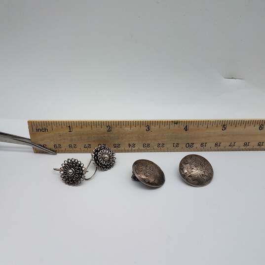 Sterling Silver Etched Clip-On & Flower Dangle Earrings Bundle 2pcs 15.9g image number 6