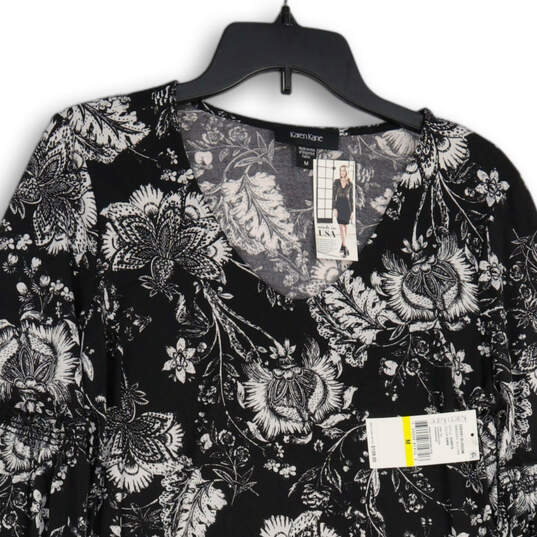 NWT Womens Black White Floral Balloon Sleeve V-Neck A-Line Dress Size M image number 3