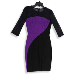 Womens Black Purple Long Sleeve Round Neck Back Zip Sheath Dress Size 4