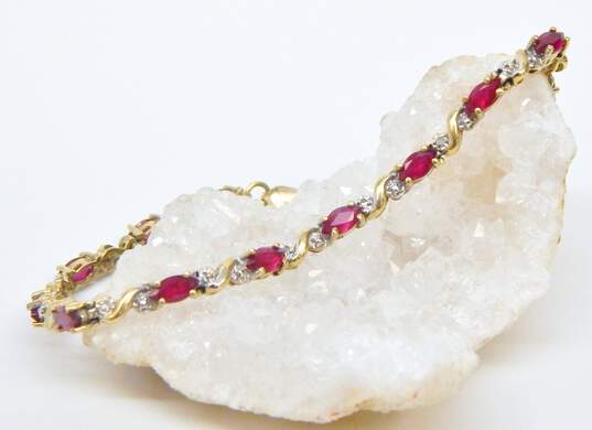 10K Yellow Gold Marquise Ruby And Diamond Accent Tennis Bracelet 6.6g image number 3