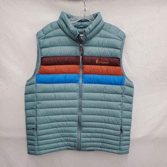 Cotopaxi MN's Fuego Feather Down Teal Green & Stripe Puffer Vest Size MXL image number 1