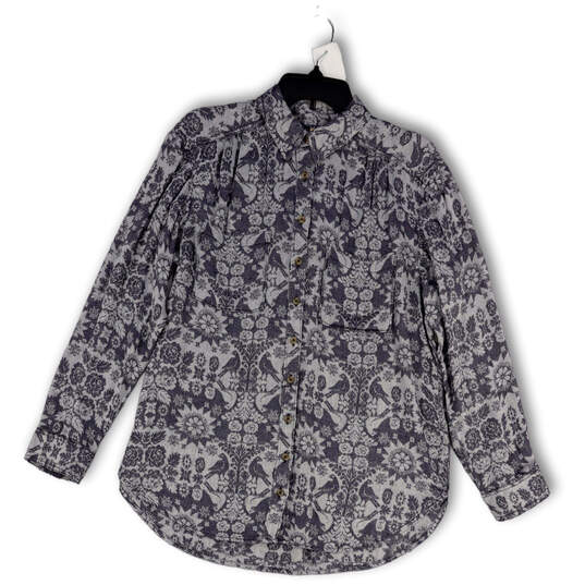 Womens Gray Blue Floral Collared Long Sleeve Pocket Button-Up Shirt Size M image number 1