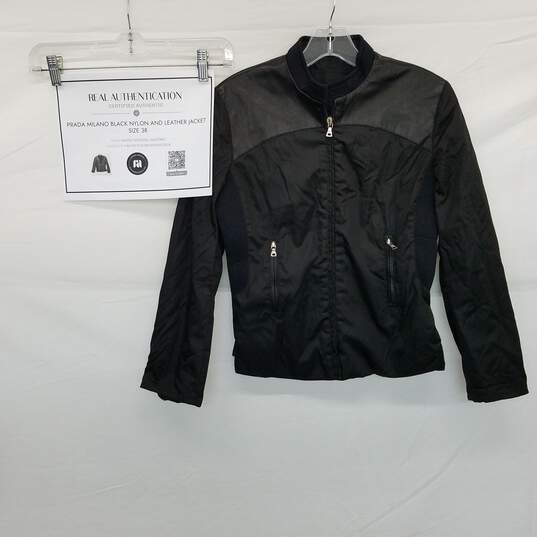AUTHENTICATED Prada Milano Black Nylon & Leather Jacket Size 38 image number 1