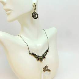 Artisan 925 CZ Marcasite Necklace & Star Bypass Ring w/ Earrings 17.5g