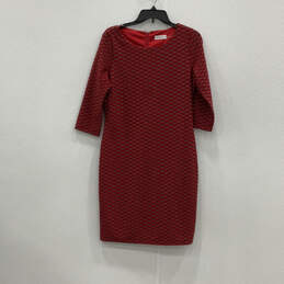 Womens Red 3/4 Sleeve Round Neck Back Zip Fashionable Sheath Dress Size 8
