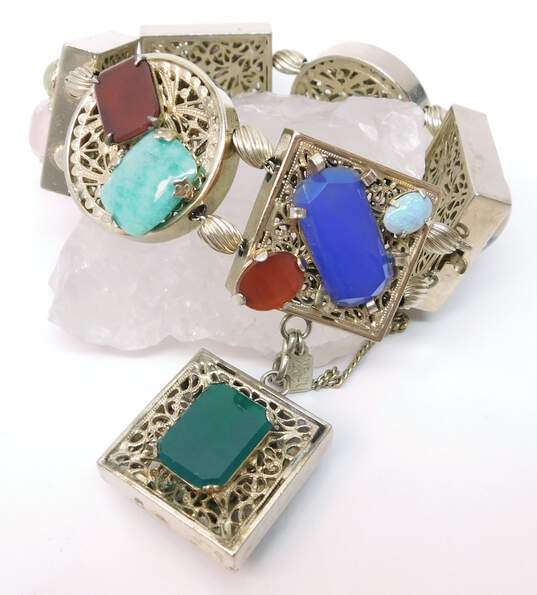 VNTG Kafin NY Rose Quartz Amethyst Opal & Bloodstone Gold Tone Filigree Bracelet image number 1