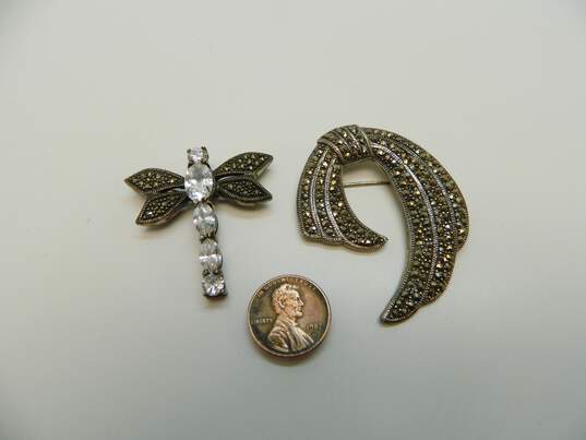 Romantic Sterling Silver Marcasite & Cubic Zirconia Dragonfly & Swirl Brooches 26.1g image number 4