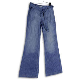 Womens Blue Denim Belted Medium Wash Straight Leg Flared Jeans Size 29