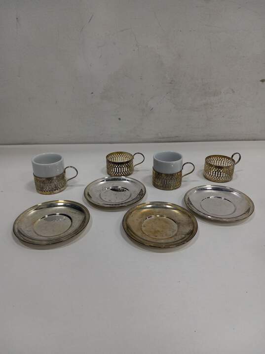 Set of Four Metal Demitasse Saucer Cups & Cup Holders image number 1