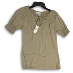 NWT LOFT Womens Taupe Ruffle Tie Neck Short Sleeve Pullover Blouse Top Size XS