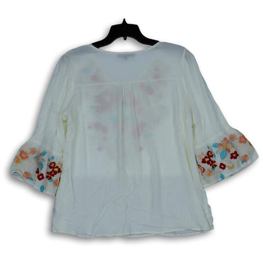 Womens White Floral Long Bell Sleeve V-Neck Sheer Blouse Top Size Large image number 2