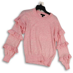 Womens Pink Tight-Knit Crew Neck Ruffle Long Sleeve Pullover Sweater Sz XS