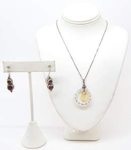 Artisan 925 Citrine Crystals Pendant Necklace & Garnet Granulated Drop Earrings