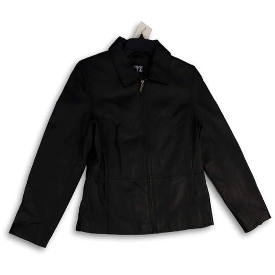 Womens Black Leather Collared Long Sleeve Full-Zip Jacket Size Medium image number 1