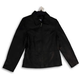 Womens Black Leather Collared Long Sleeve Full-Zip Jacket Size Medium