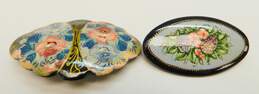 Vintage Russian Hand Painted Floral Wood Scalloped & Oval Brooches Variety 13.4g