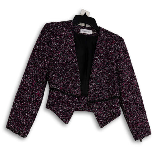 Womens Black Purple Tweed Long Sleeve Open Front Cropped Jacket Size 4 image number 1