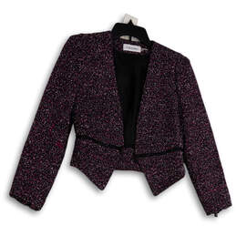 Womens Black Purple Tweed Long Sleeve Open Front Cropped Jacket Size 4