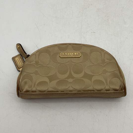 Coach Womens Gold Beige Signature Cosmetic Coin Purse Makeup Bag Wallet image number 1