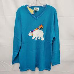 NWT VTG Quacker Factory WM's Teal Color Knitted Embroidered Polar Bear Crewneck Sweater Size L