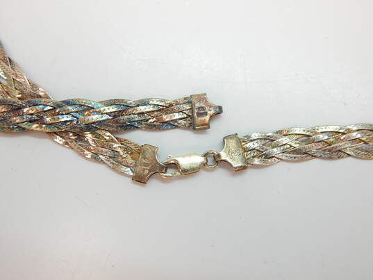 Artisan Sterling Silver Braided Herringbone Chain Necklace Bracelet & Domed Post Earrings 24.9g image number 5