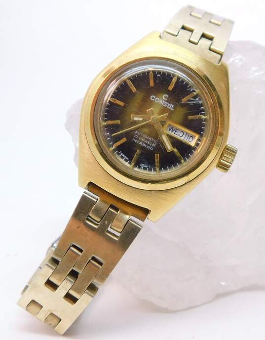 Vintage Consul Automatic 17 Jewels Swiss Gold Tone Stainless Steel Watch 57.5g image number 1