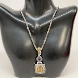 Designer Brighton Silver-Tone Chain Purple Stone Square Pendant Necklace