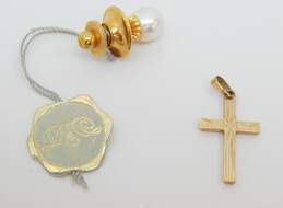 10K Yellow Gold Cross Pendant & Pearl Tie Pin 1.1g
