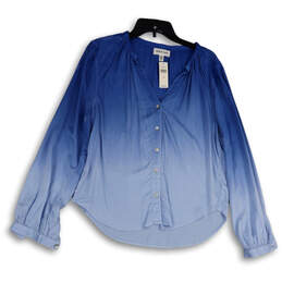 NWT Womens Blue Dip-Dye Pleated Long Sleeve Button-Up Shirt Size Medium