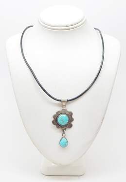 Signed Karen Stone 925 Southwestern Turquoise Teardrop & Circle Cabochons Squiggly Pendant Black Cord Necklace 10.9g