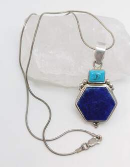 SJ Sajen 925 Faux Turquoise & Lapis Lazuli Geometric Granulated Pendant Snake Chain Necklace 14.3g