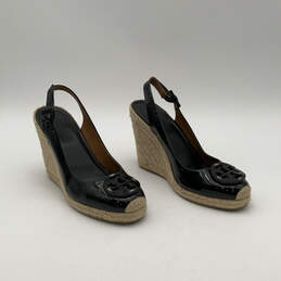 Womens Black Patent Leather Round Toe Espadrille Slingback Heels Size 7 M