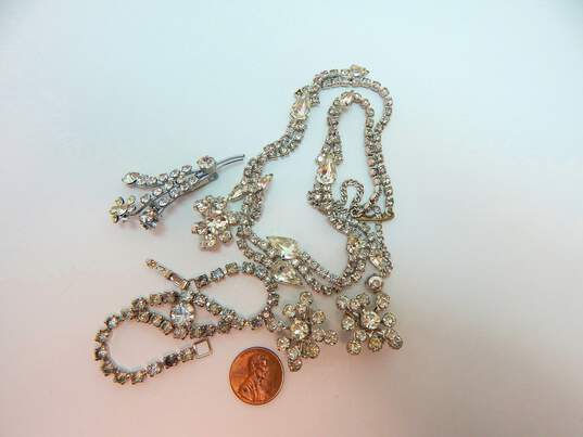 Vintage Austria & More Silvertone Icy Rhinestones Vine Necklace Chain Bracelet Small Snowflake & Flower Bouquet Brooches 43g image number 1