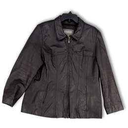 Mens Black Leather Long Sleeve Pockets Full-Zip Motorcycle Jacket Size XL