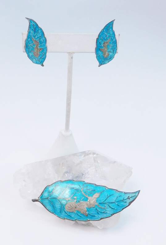 Vintage Siam Sterling Silver Blue Enamel Goddess Leaf Brooch & Clip On Earrings 14.8g image number 1
