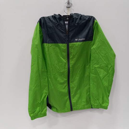 Boys Green Gray Long Sleeve Full Zip Hooded Raincoat Jacket Size Large image number 1