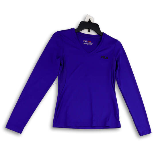 Womens Blue V-Neck Long Sleeve Pullover Activewear T-Shirt Size Large image number 1
