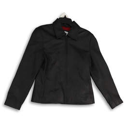 Womens Black Long Sleeve Collared Full-Zip Leather Jacket Size Medium